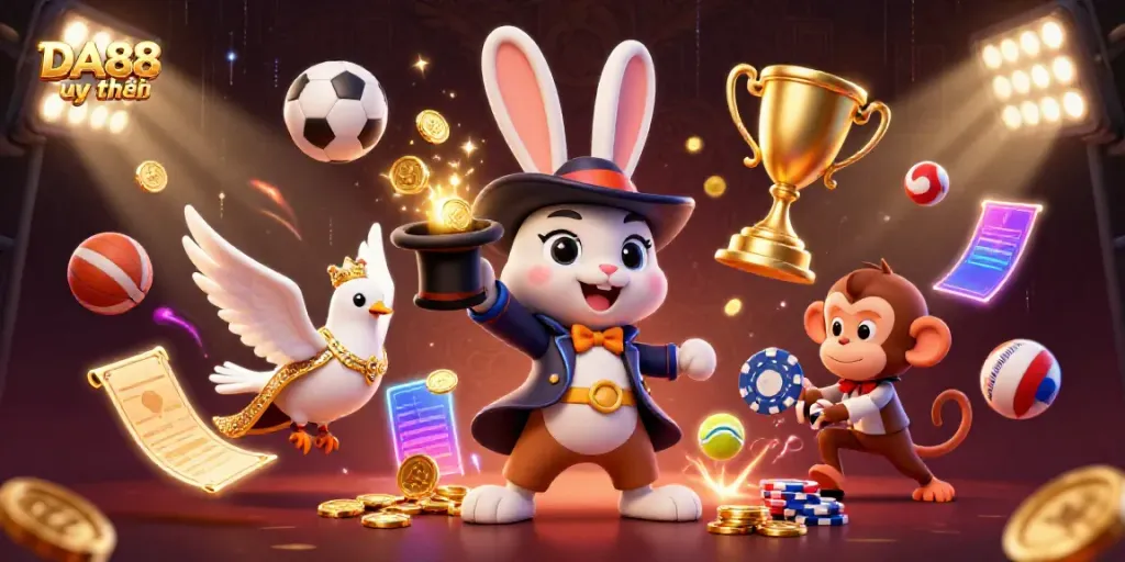 Engage with stunning 3D illustration of DA88 uy tín, showcasing exciting casino elements and lively characters.