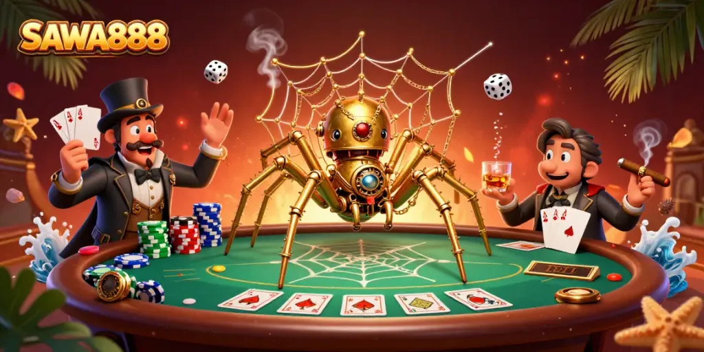 SAWA888 entraps dice in a steampunk web while poker chips surround a rich casino scene