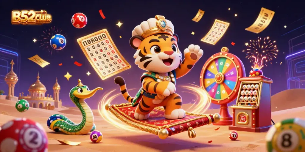 B52CLUB's vibrant magic with an Arabian Nights-themed tiger sultan surrounded by colorful lottery elements.