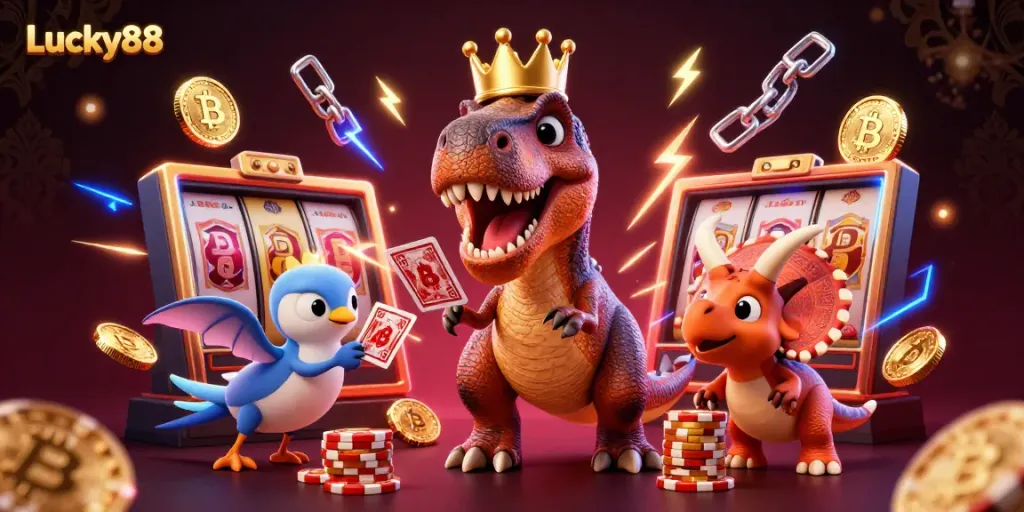 Engage in thrilling online gaming with Lucky88, featuring energetic dinosaur characters and vibrant casino elements.