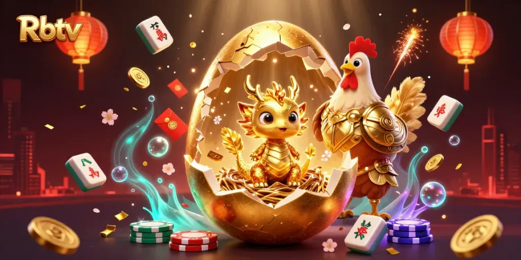 Mengamati Rbtv dengan naga emas di atas tumpukan chip poker, menyajikan suasana kasino yang menarik.