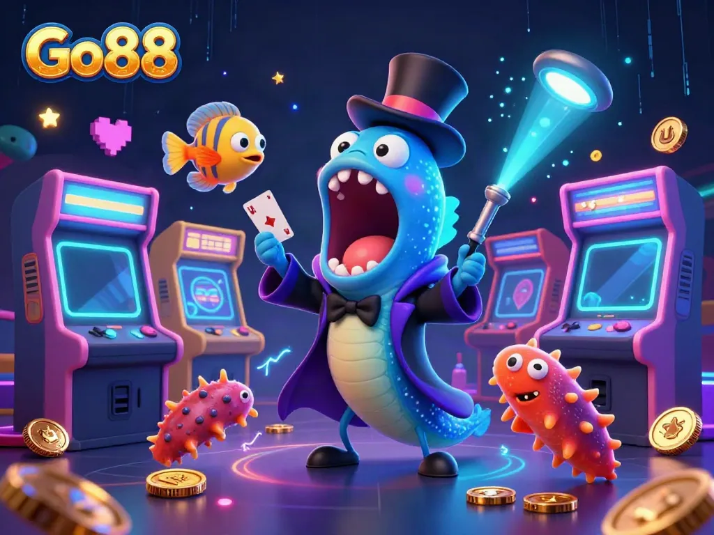 Engage with Go88's vibrant underwater casino world, showcasing a deep-sea eel magician.
