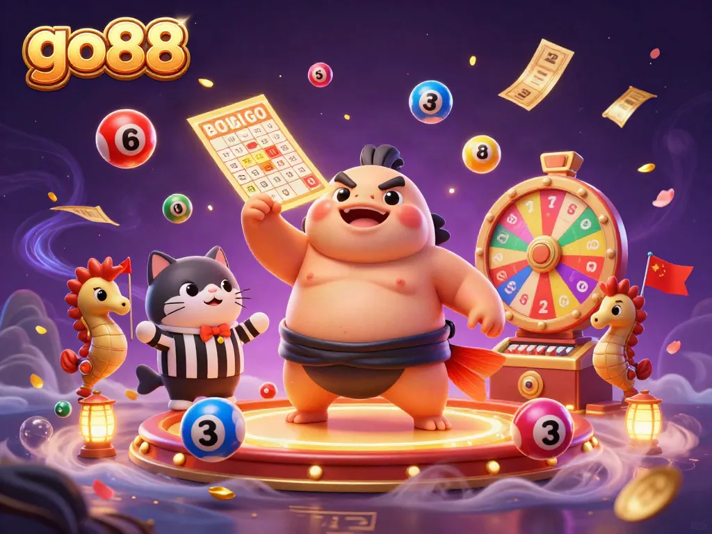 Experience a vibrant go88 gaming atmosphere with colorful lottery balls and lively characters.
