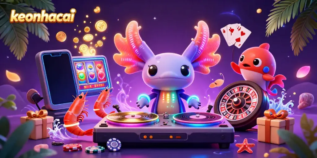 Experience the vibrant world of keonhacai featuring an axolotl DJ and lively gaming elements for an exciting betting atmosphere.