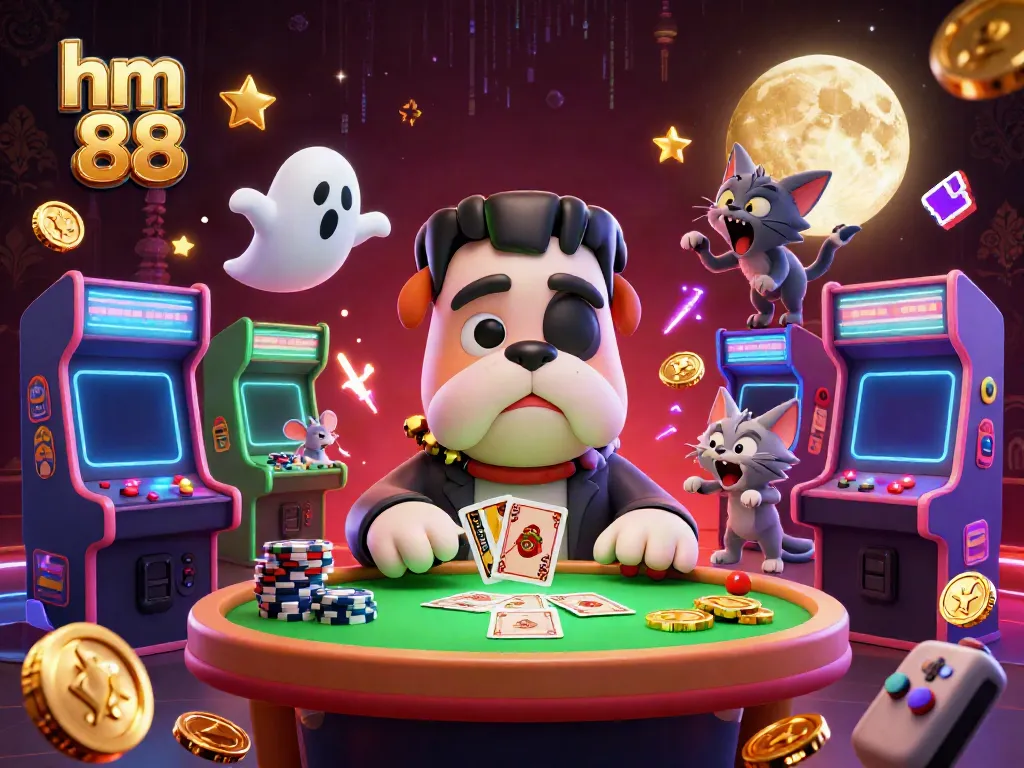 Experience excitement with hm 88 as a Frankenstein bulldog deals cards in a vibrant casino scene.