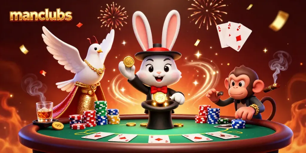Engaging illustration of manclubs with a magician rabbit, shimmering coins, and poker chips.