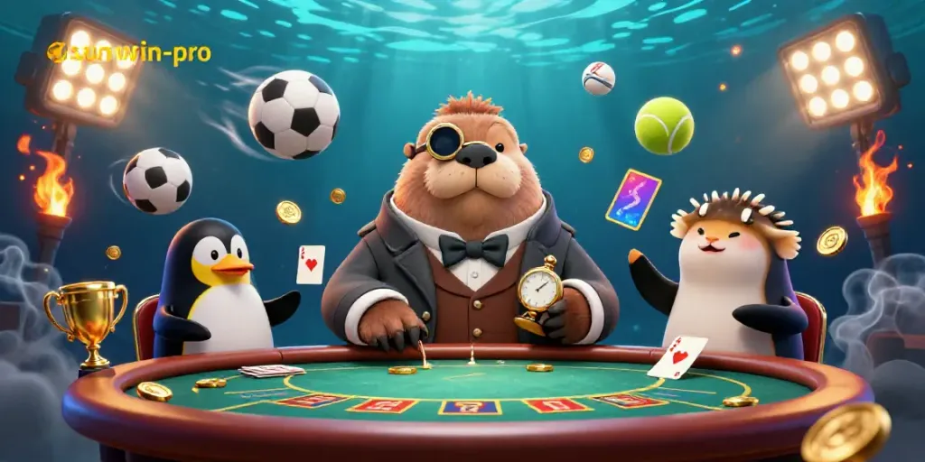 Engage in thrilling underwater poker with sunwin-pro featuring a jolly walrus and penguin dealer.