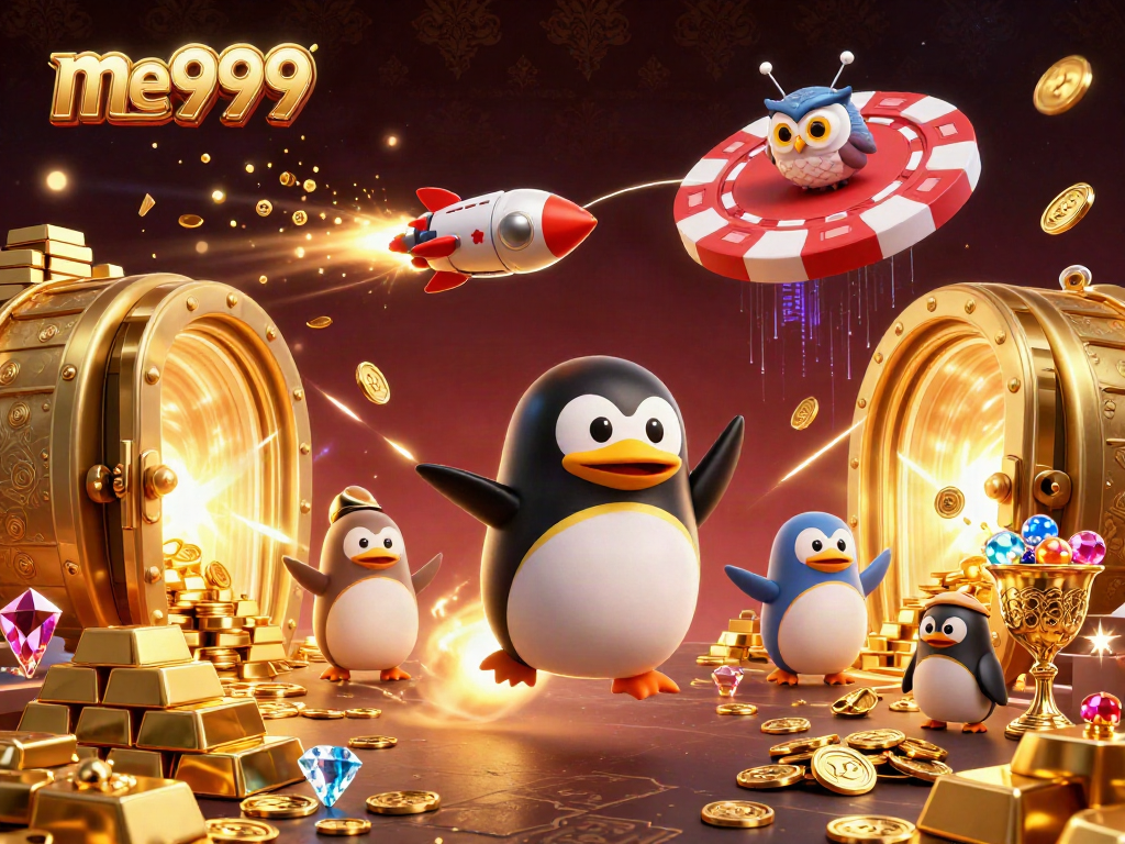 Spin to win with me999 in this dynamic 3D illustration featuring a golden penguin and casino treasures.