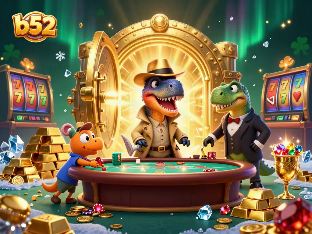 Engage with b52 gaming excitement at a bustling casino table featuring a velociraptor and friends.