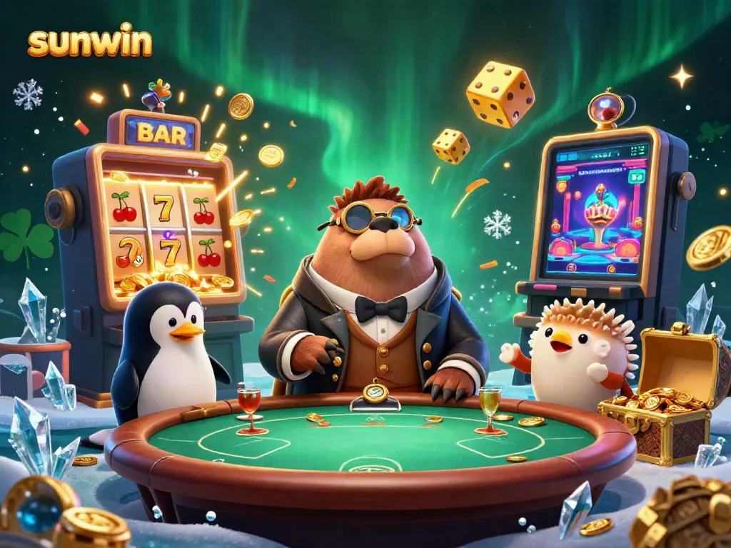 Experience thrilling casino adventures with sunwin's jolly walrus, poker scene, and jackpot excitement.