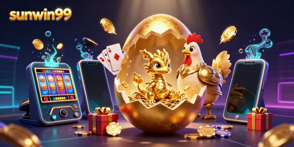 Engage with the vibrant world of sunwin99, featuring gold dragon and poker chips in a dynamic casino scene.