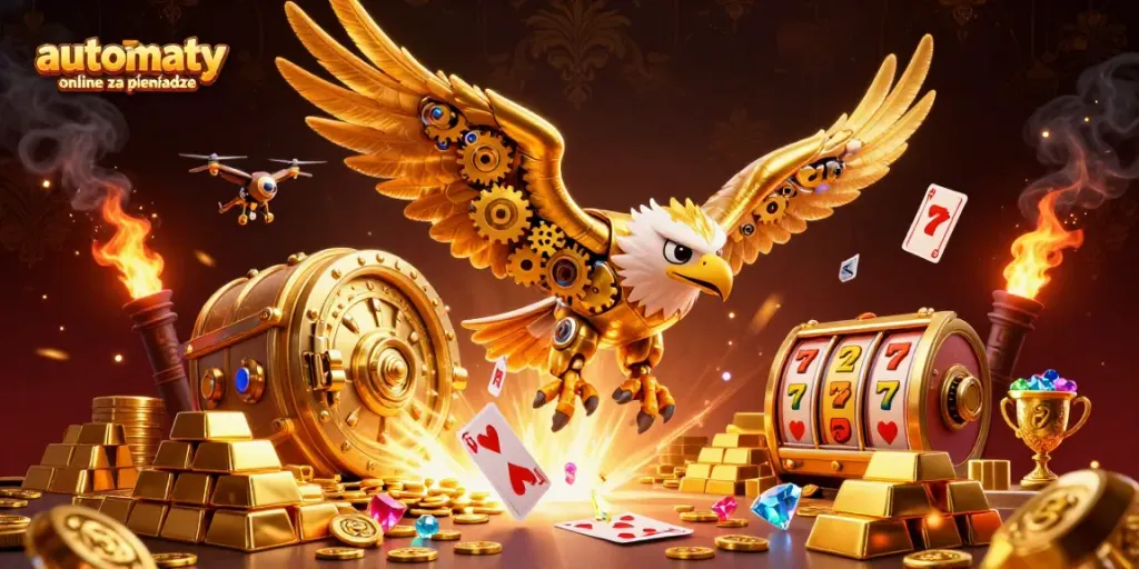 Spin automaty online za pieniadze with a cybernetic eagle soaring through a treasure-filled scene.