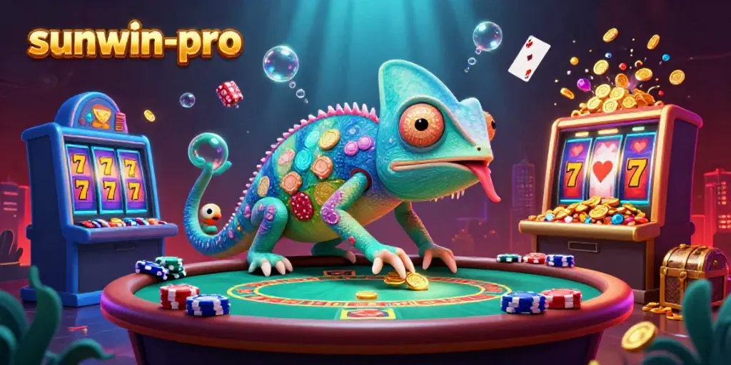 Experience thrilling gaming action at sunwin-pro with an energetic chameleon surrounded by vibrant casino elements.