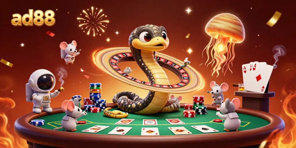 Experience exciting gaming action with ad88 featuring a cosmic roulette scene and astronaut mice betting.
