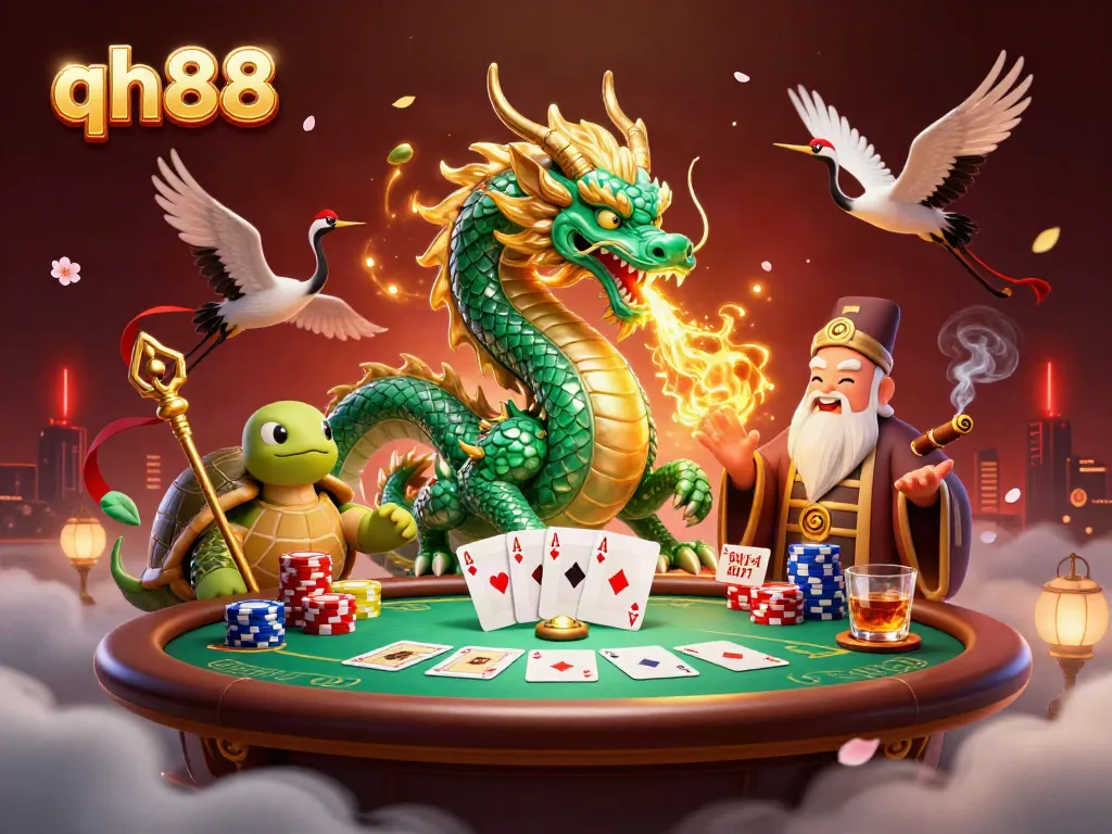 Experience thrilling gameplay at qh88 with an emerald dragon, turtle sage, and poker scene.