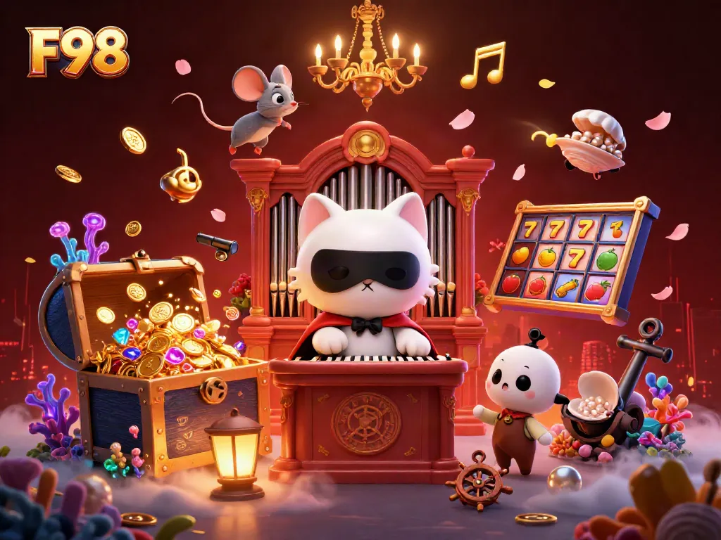 Engage with the F98 casino scene featuring dynamic characters and vibrant game elements.