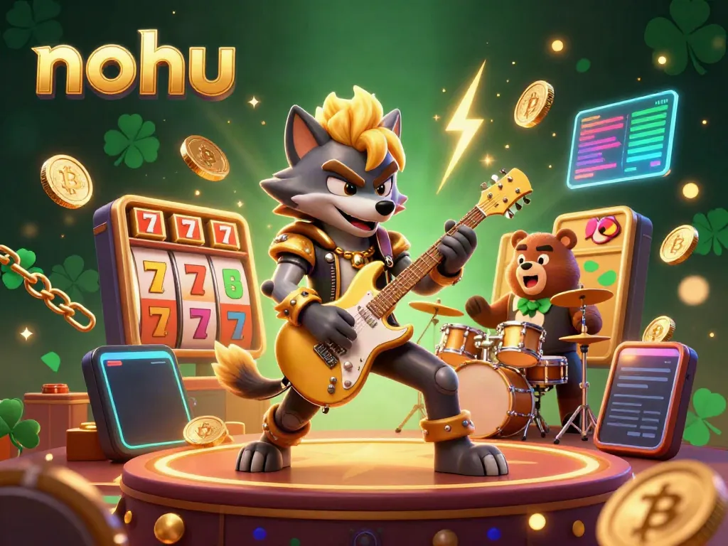 Engage with nohu's exciting jackpot scene featuring a vibrant rock star wolf and drummer bear on a thrilling casino stage.