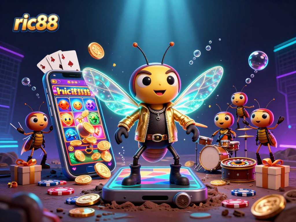 Play slots with ric88 as a vibrant cicada rock star and drummer create a lively casino atmosphere.