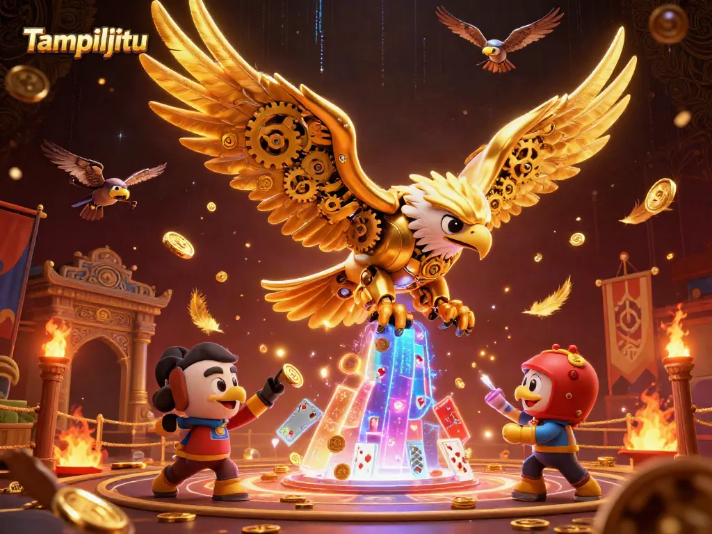 Experience the thrilling dive of Tampiljitu's golden eagle amidst holographic cards and golden tokens.