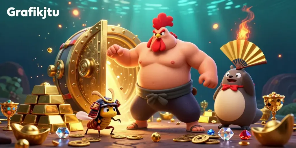 Experience intense excitement with Grafikjitu as a sumo rooster and samurai cricket engage amidst gold and jewels.