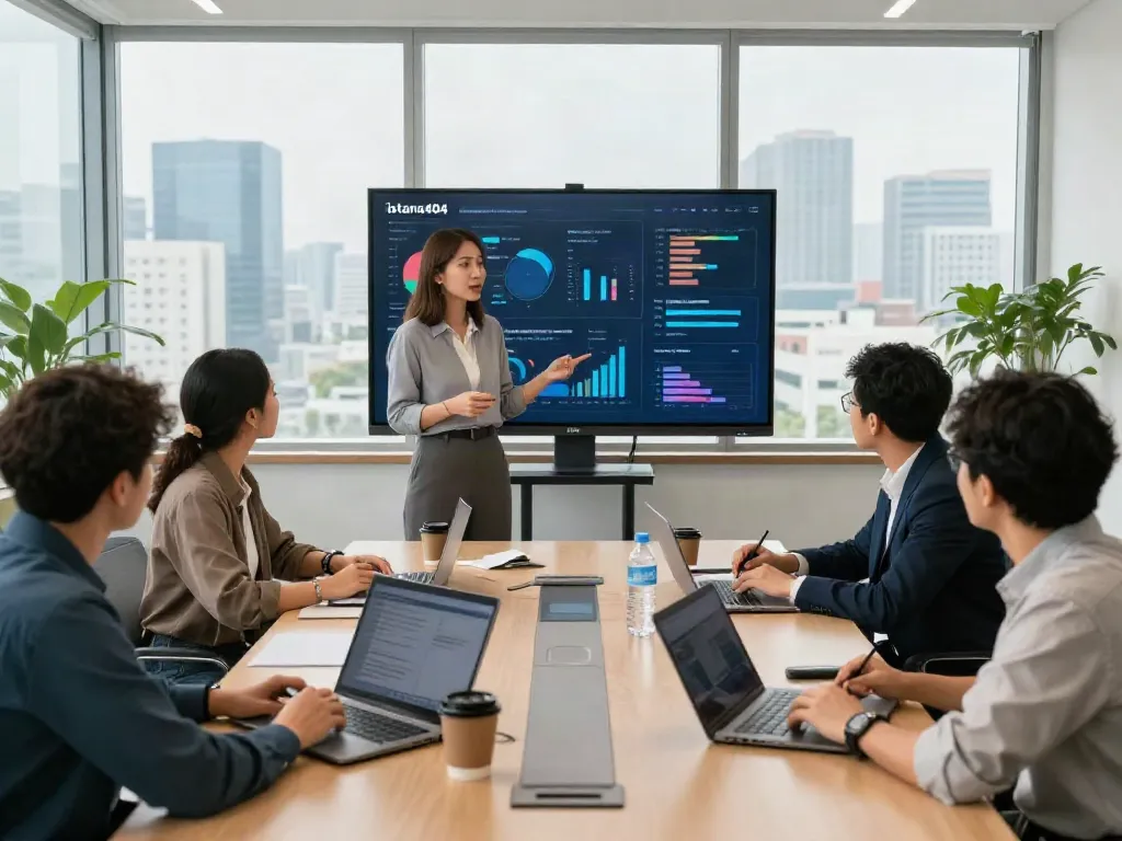 Collaborative team discussing innovative digital trends on istana404 in a modern office setting.