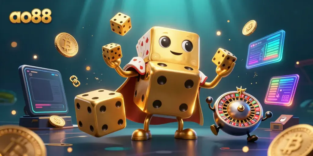 Engaging 3D scene featuring ao88's iconic golden dice golem amidst glowing cryptocurrencies, enhancing excitement in online betting.