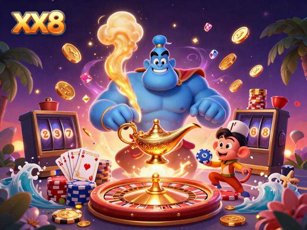 Experience the thrill of XX8 with a dynamic casino scene of a genie and treasures.