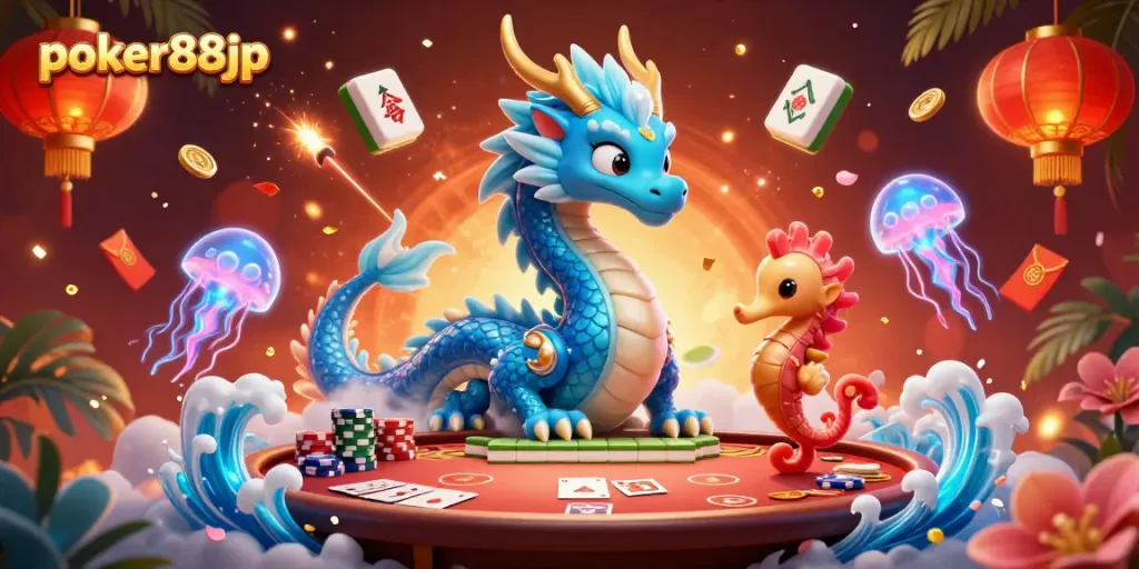 Experience the excitement at poker88jp with a vibrant 3D casino scene featuring online gaming elements.