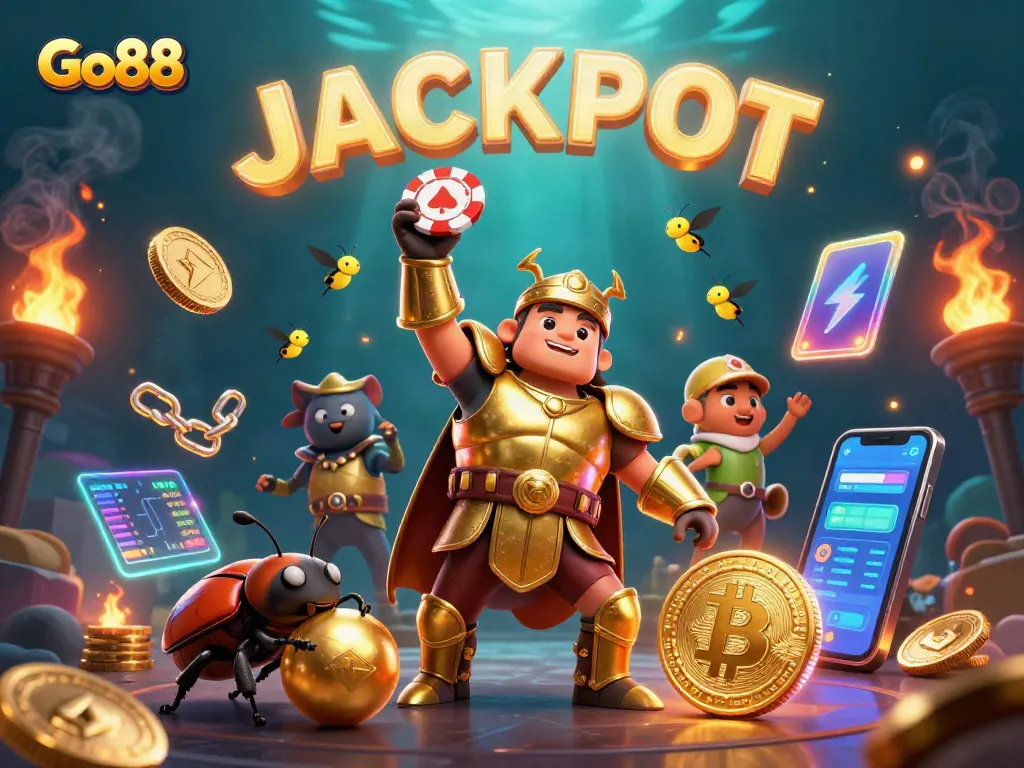 Experience the thrill of winning at Go88 with a 3D illustration featuring unique characters and gambling elements.