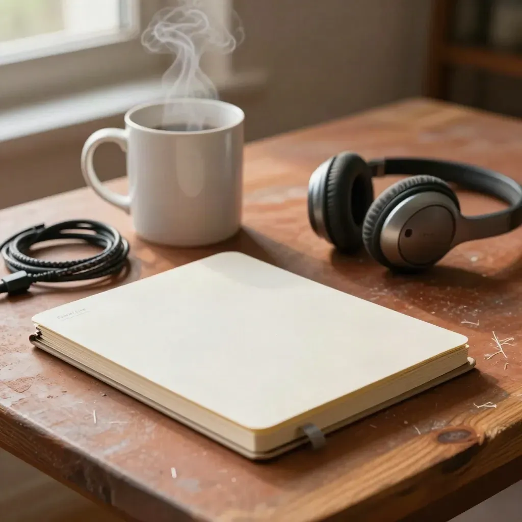 Kubek, zamknięty planer, słuchawki i zwinięta ładowarka na ciepłym, glinianym blacie