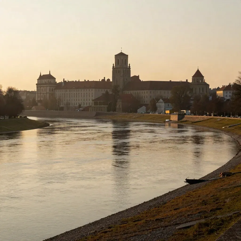 Wawel nad spokojną Wisłą w złotej godzinie, z miękką mgłą i ciepłym światłem