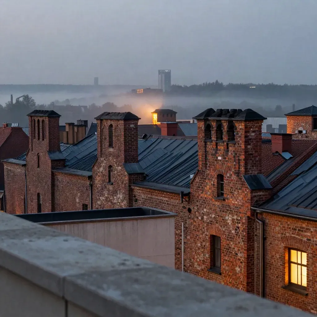 Śląskie: ceglane kominy i wieże nad mgłą o zmierzchu, spokojny dolny plan