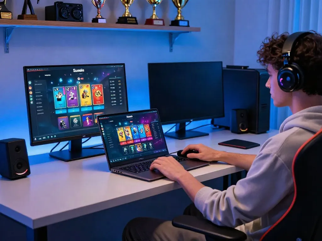 Player enjoying Sunwin gaming on a laptop in a cozy setting, showcasing online gaming culture and entertainment.