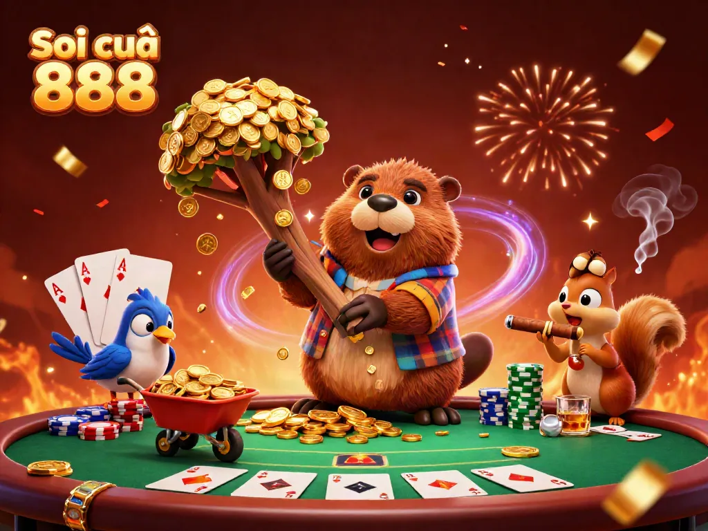 Soi cầu 888 showcasing a 3D beaver, bird, and squirrel amidst dynamic casino elements capturing winning moments.