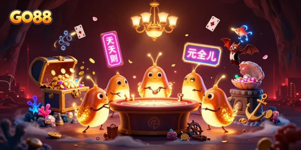 Experience GO88's vibrant cave casino scene filled with animated glowworms and engaging game elements.