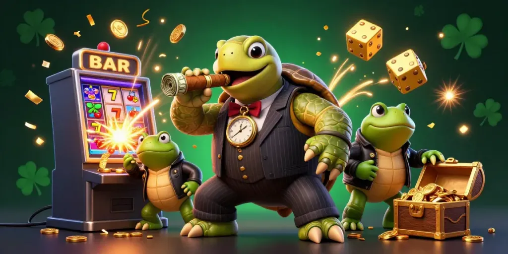 Experience the excitement of XX8 with a lively casino scene featuring a snapping turtle and bullfrog enforcers.