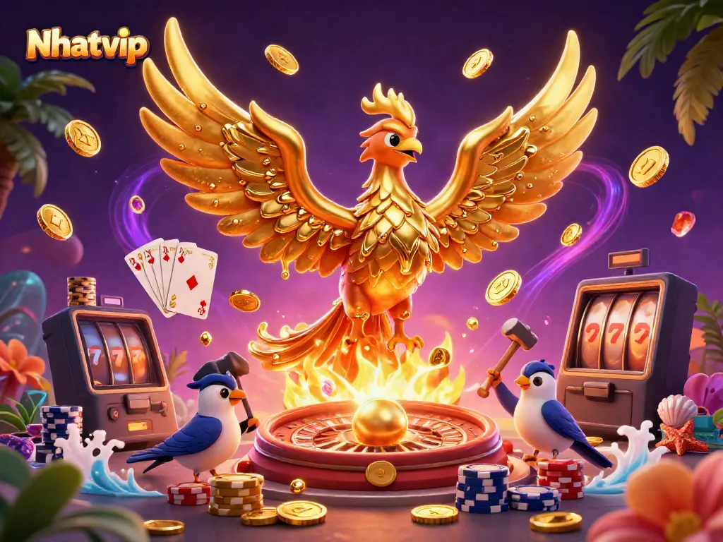 Engage in thrilling gameplay with Nhatvip's golden phoenix and vibrant casino elements.