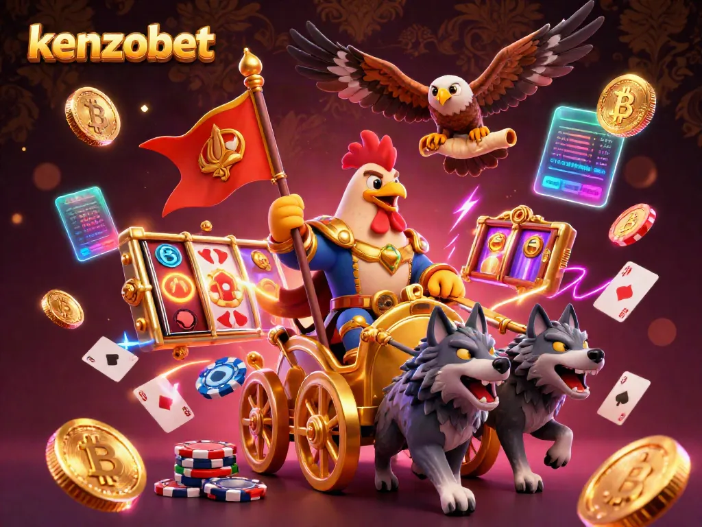 Kenzobet showcases a vibrant scene with a rooster warlord and casino elements, perfect for gaming and winning.