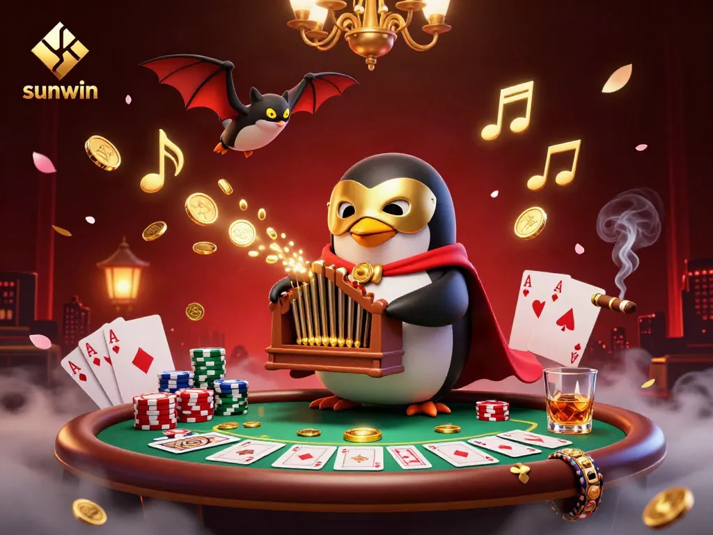 Experience sunwin's vibrant gaming atmosphere with a 3D penguin playing a golden organ amid rich casino elements.
