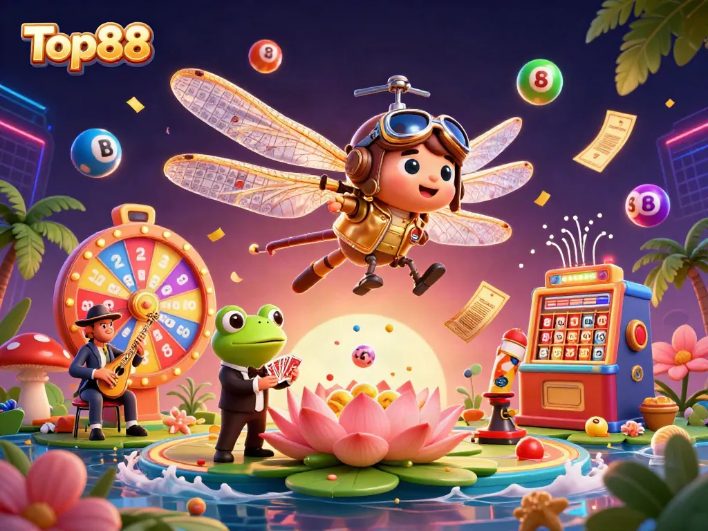 Experience the thrilling gameplay of Top88 with our vibrant 3D casino illustration.