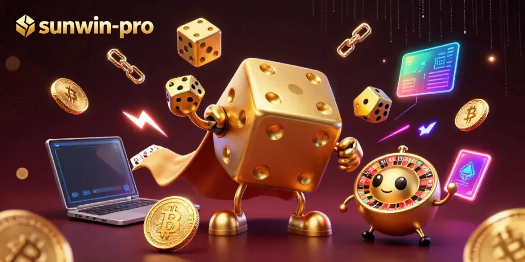 Experience the thrill of gameplay with sunwin-pro featuring a dynamic casino scene filled with golden dice and crypto coins.