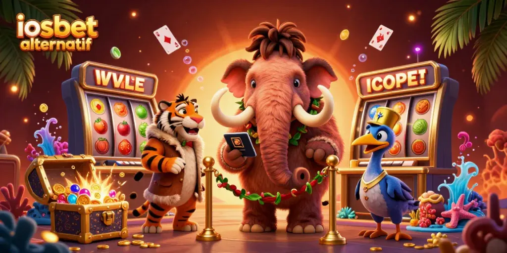 Ilustrasi kasino animasi 3D dengan mammoth pengawal, macan saber sebagai VIP, dan burung dodo di pintu, memperlihatkan iosbet alternatif.