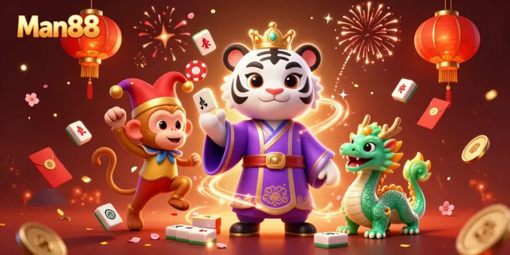 Engage with Man88's lively casino scene featuring a majestic tiger and playful monkey amid vibrant games.