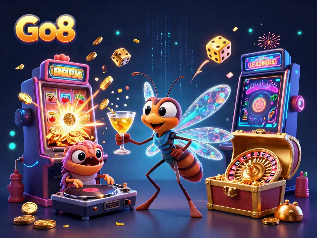 Go8 casino illustration featuring a lively scene with a mosquito mascot and a trilobite DJ.