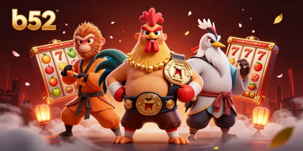 Experience thrilling b52 casino action with vibrant slot reels and energetic characters.