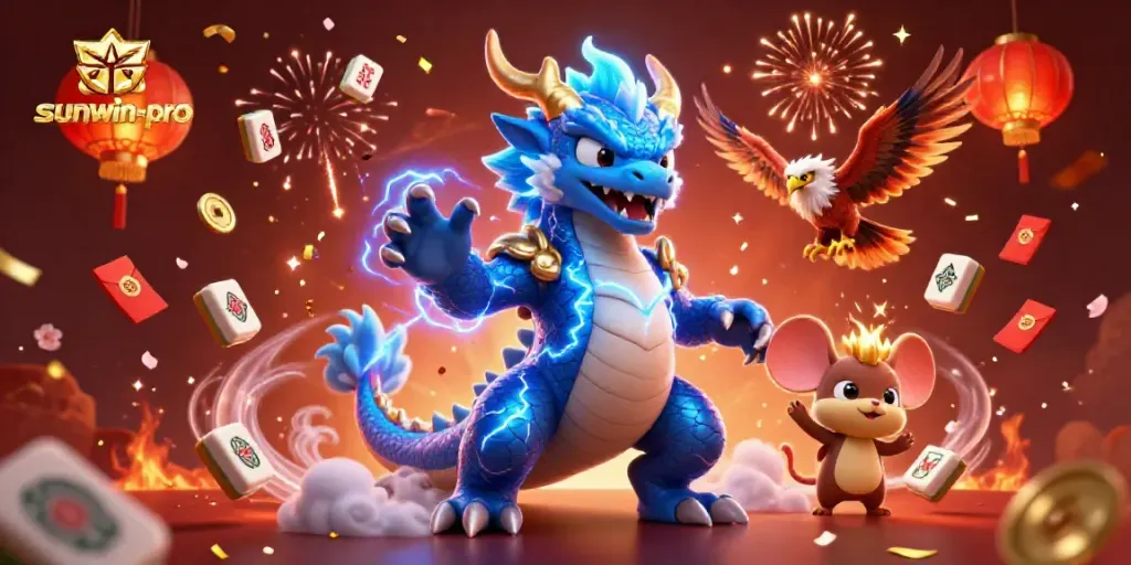 Experience the excitement of sunwin-pro with vibrant 3D characters in a dynamic casino-themed illustration.