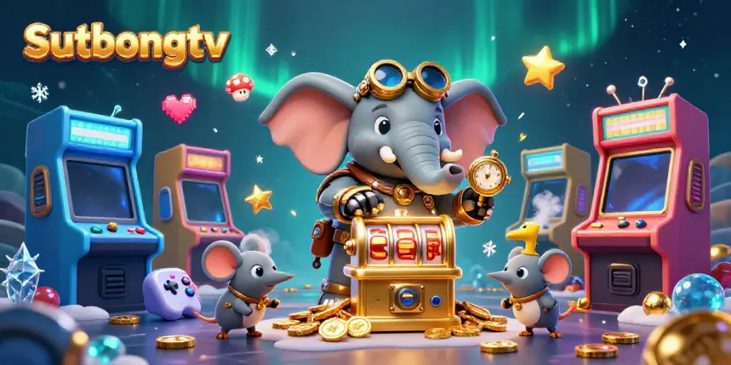 Sutbongtv showcases a vibrant 3D cartoon steampunk elephant managing a slot machine amidst an energetic gaming atmosphere.