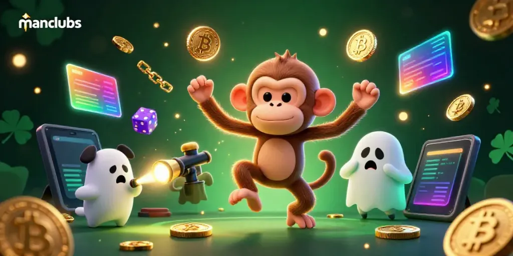 Engage with manclubs in a vivid haunted casino scene featuring a playful poltergeist monkey and a ghost-hunter puppy.