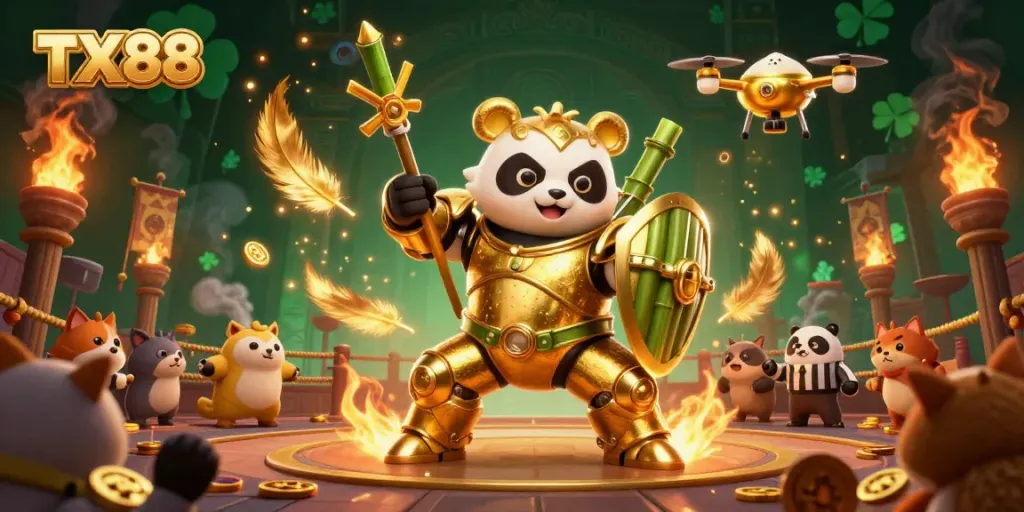 Experience TX88 in a dynamic casino showdown with a golden panda piloting a bamboo robot in an action-packed arena.