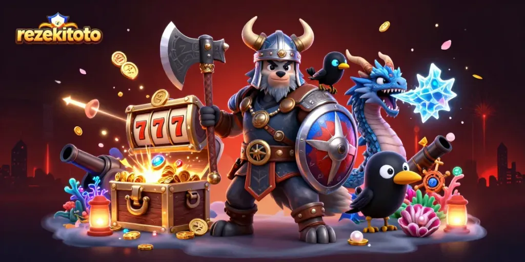 Engage with rezekitoto's thrilling slot experience featuring a Viking warrior, dragon, and rich treasure